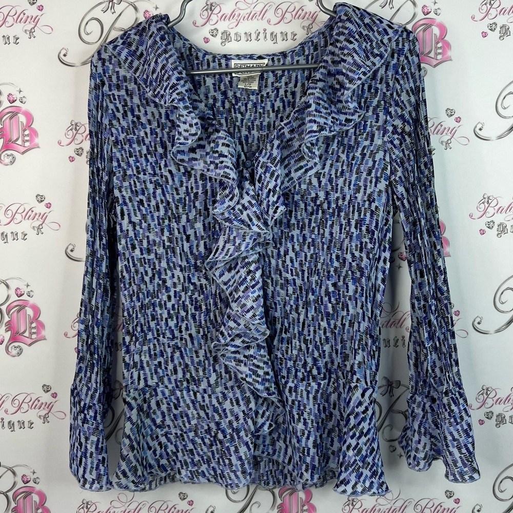 Bethany top ruffle frills frilly Elegant Blue Patterned Blouse with Ruffles